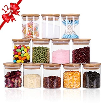 Tzerotone Glass Jars Set,Upgrade Spice Jars with Wood Airtight Lids and Labels, 6oz 12 Piece Small F...