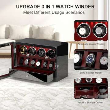 Luxurious DUKWIN Watch Winder for 4 Automatic Watches with Jewelry Storage
