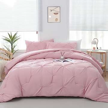 DOWNCOOL King Size Comforter Set - 3 Pieces Cute Pintuck Bedding Comforter Sets, Soft Fluffy Pink Comforter King Size, All Season Pinch Pleat Bedding Set with 1 Comforter & 2 Pillowcases