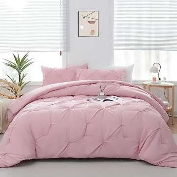 DOWNCOOL King Size Comforter Set - 3 Pieces Cute Pintuck Bedding Comforter Sets, Soft Fluffy Pink Comforter King Size, All Season Pinch Pleat Bedding Set with 1 Comforter & 2 Pillowcases