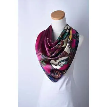 corciova Large Square Satin Headband Silk Like Lightweight Scarf Hair Sleeping Wrap for Women Dark Raspberry Ethnic Floral