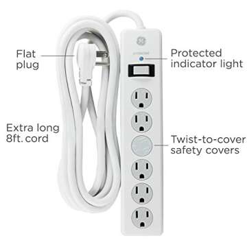 GE 6-Outlet Surge Protector, 8 Ft Extension Cord, Power Strip, 800 Joules, Flat Plug, Twist-to-Close...