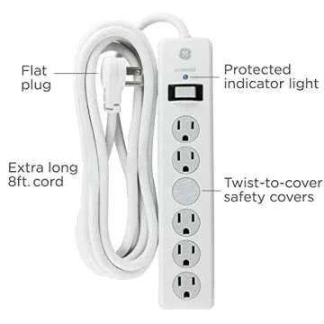 GE 6-Outlet Surge Protector, 8 Ft Extension Cord, Power Strip, 800 Joules, Flat Plug, Twist-to-Close Safety Covers, Protected Indicator Light, UL Listed, White, 14014