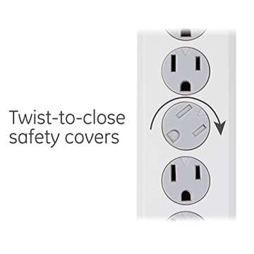 GE 6-Outlet Surge Protector, 8 Ft Extension Cord, Power Strip, 800 Joules, Flat Plug, Twist-to-Close Safety Covers, Protected Indicator Light, UL Listed, White, 14014