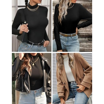 Zeagoo Thermal Underwear Tops Women Long Sleeve Shirt Tight Crop Top Mock Turtle Neck Undershirts for Womens,2 Pack Black+Khaki XS