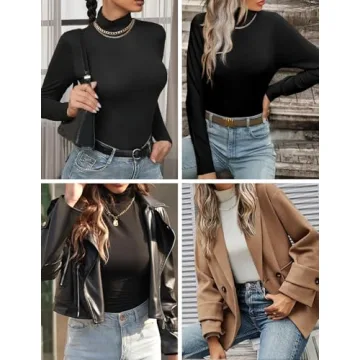 Zeagoo Thermal Underwear Tops Women Long Sleeve Shirt Tight Crop Top Mock Turtle Neck Undershirts for Womens,2 Pack Black+Khaki XS