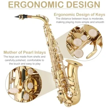 Ktaxon Alto Saxophone Drop E Brass Sax Full Kit for Student Beginners with Carving, Mouthpiece, Carrying Case, Gloves, Cleaning Cloth Bar, Detachable Strap, Shoulder Strap, Reed, Lacquered