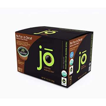 No Fun Jo Decaf: 12 Organic Compostable Pods for Keurig K-Cup Compatible Brewers, Swiss Water Process Single Serve Coffee Medium/Dark Roast Fair Trade