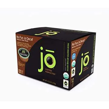 No Fun Jo Decaf: 12 Organic Compostable Pods for Keurig K-Cup Compatible Brewers, Swiss Water Process Single Serve Coffee Medium/Dark Roast Fair Trade