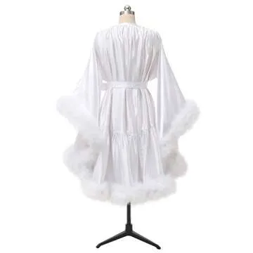 Women's Feather Robes Silk Satin Bridal Wedding Robe Dressing Gown Premium Lingerie Bathgown Sleepwear Blush L/XL
