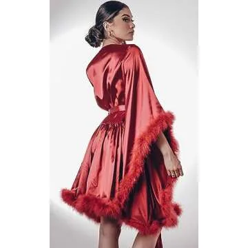 Women's Feather Robes Silk Satin Bridal Wedding Robe Dressing Gown Premium Lingerie Bathgown Sleepwear Blush L/XL