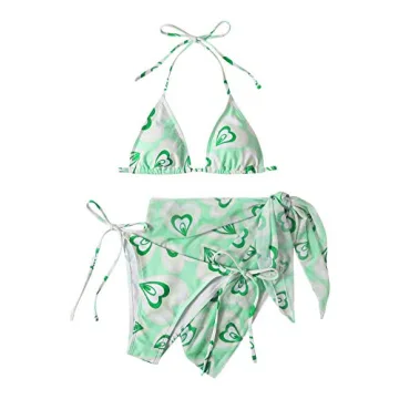 Romwe Women's Triangle Bikini Set with Heart Print & Sarong