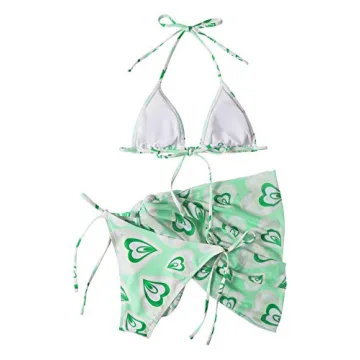 Romwe Women's Triangle Bikini Set with Heart Print & Sarong