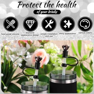 6 Pcs Bling Diamond Straw Topper Gift Compatible with Stanley Cup Accessories 40,30oz Reusable Bling Diamond Straw Cap Cover Charms for Tumbler Suitable for 10mm Pipe Topper Decoration(Black)