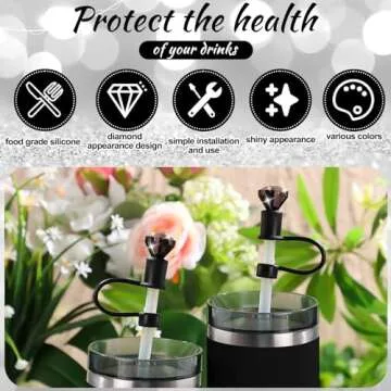 6 Pcs Bling Diamond Straw Topper Gift Compatible with Stanley Cup Accessories 40,30oz Reusable Bling Diamond Straw Cap Cover Charms for Tumbler Suitable for 10mm Pipe Topper Decoration(Black)