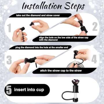 6 Pcs Bling Diamond Straw Topper Gift Compatible with Stanley Cup Accessories 40,30oz Reusable Bling Diamond Straw Cap Cover Charms for Tumbler Suitable for 10mm Pipe Topper Decoration(Black)
