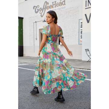 ABYOVRT Women Floral Maxi Dress Short Puff Sleeve V Neck Bohemian Flowy Dress Smocked Casual Spring Summer Dresses