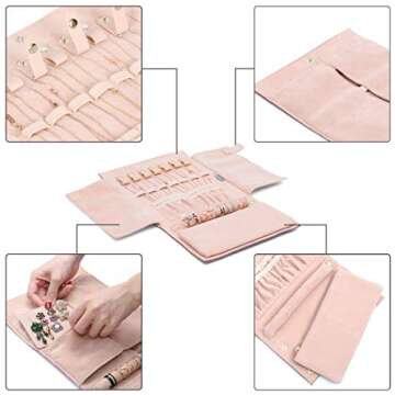 Becko US Jewelry Organizer Roll Travel Jewel Bag case for Multiple Necklaces, Rings, Bracelets, Supple Leather & Suede, Large Capacity Without Crease, Lightweight, Portable & Practical (Pink)