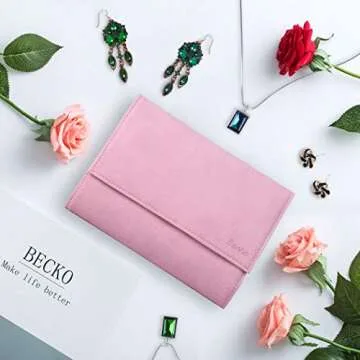 Becko US Jewelry Organizer Roll Travel Jewel Bag case for Multiple Necklaces, Rings, Bracelets, Supple Leather & Suede, Large Capacity Without Crease, Lightweight, Portable & Practical (Pink)