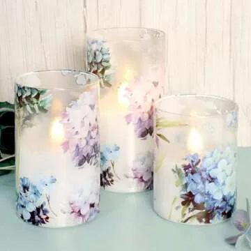 Silverstro Christmas Hydrangea Flameless Candles Blinks Glass Real Wax with Remote - Easter Home Party Wedding Romantic Love Theme Summer Holiday Decor - Set of 3