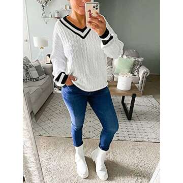 MIHOLL Women's Off The Shoulder Cable Knit Sweater Long Sleeve Striped V Neck Chunky Sweaters Jumper Tops