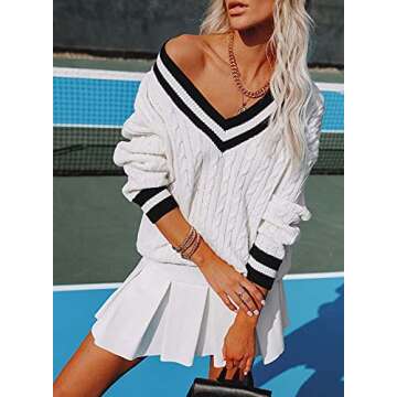 MIHOLL Women's Off The Shoulder Cable Knit Sweater Long Sleeve Striped V Neck Chunky Sweaters Jumper Tops