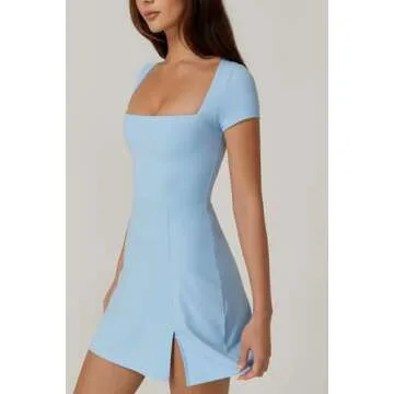 QINSEN Sport Dress for Women Square Neck Side Slit Tennis Dress Quickly Dry Exercise Yoga Dress Airy Blue M