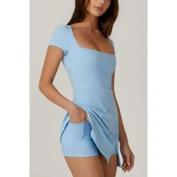 QINSEN Sport Dress for Women Square Neck Side Slit Tennis Dress Quickly Dry Exercise Yoga Dress Airy Blue M
