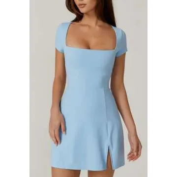 QINSEN Sport Dress for Women Square Neck Side Slit Tennis Dress Quickly Dry Exercise Yoga Dress Airy Blue M
