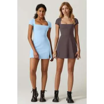 QINSEN Sport Dress for Women Square Neck Side Slit Tennis Dress Quickly Dry Exercise Yoga Dress Airy Blue M