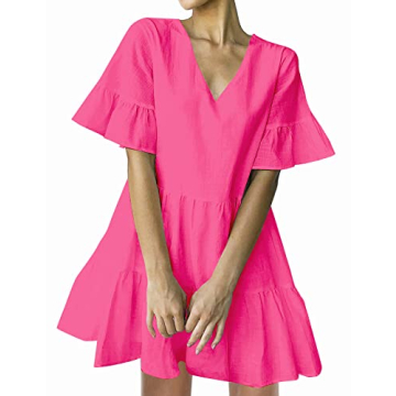 FANCYINN Women’s Pink Cute Shift Tunic Dress Short Bell Sleeve V Neck Causal Swing Red Ruffle Mini...