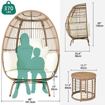 YITAHOME Wicker Egg Chair with Coffee Table Outdoor Indoor Oversized Lounger with Stand, Table, Cushions, Egg Basket Chair for Patio Backyard Porch - Beige