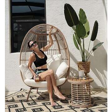 YITAHOME Wicker Egg Chair with Coffee Table Outdoor Indoor Oversized Lounger with Stand, Table, Cushions, Egg Basket Chair for Patio Backyard Porch - Beige