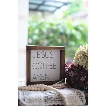 Lavender Inspired Jesus Coffee Amen Wood Framed Sign- Farmhouse Kitchen Signs Decor-Coffee Signs for Coffee Bar-Tiered Tray Decor- Farmhouse Style-7x7 Housewarming Gifts