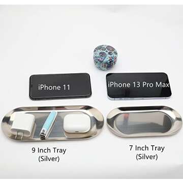 Stainless Steel Decorative Tray, Set of 2, 9 Inch Long, Jewelry Dish Cosmetics Organizer Bathroom Clutter Serving Platter Small Storage Tray, Oval, Silver