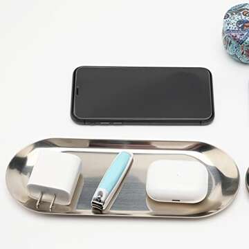Stainless Steel Decorative Tray, Set of 2, 9 Inch Long, Jewelry Dish Cosmetics Organizer Bathroom Clutter Serving Platter Small Storage Tray, Oval, Silver