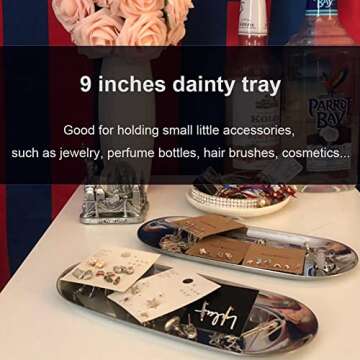 Stainless Steel Decorative Tray, Set of 2, 9 Inch Long, Jewelry Dish Cosmetics Organizer Bathroom Clutter Serving Platter Small Storage Tray, Oval, Silver