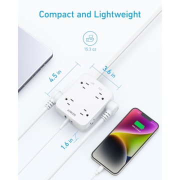 Anker Surge Protector Flat Plug Power Strip 2000J, 5ft Thin Extension Cord with 8 Outlets, 2 USB A and 1 USB C Port, 20W for iPhone15, Wall Mount, Compact for Home, Office, Room, TUV Listed