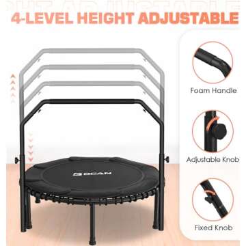 BCAN 450/550 LBS Foldable Mini Trampoline, 40"/48" Fitness Trampoline with Bungees, U Shape Adjustable Foam Handle, Stable & Quiet Exercise Rebounder for Kids Adults Indoor/Garden Workout