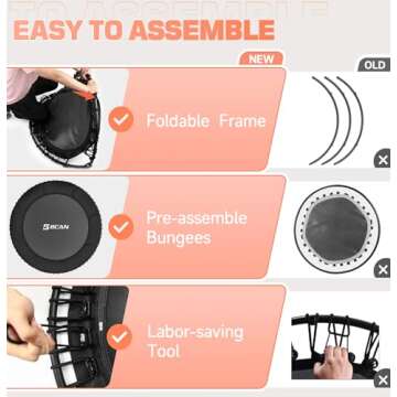 BCAN 450/550 LBS Foldable Mini Trampoline, 40"/48" Fitness Trampoline with Bungees, U Shape Adjustable Foam Handle, Stable & Quiet Exercise Rebounder for Kids Adults Indoor/Garden Workout