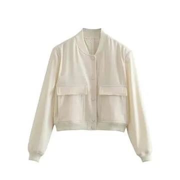Stylish Megfie Womens Cropped Bomber Jacket with Pockets