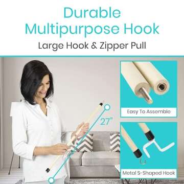 Vive Dressing Stick for Elderly (27”) - with Zipper Puller & Sock Remover Tool - Aid for Pants - A...