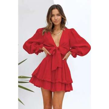 AlvaQ Womens Spring Fall Long Sleeve Dresses A Line Ruffle Mini Dress Deep V Neck Knot Front Swing S...