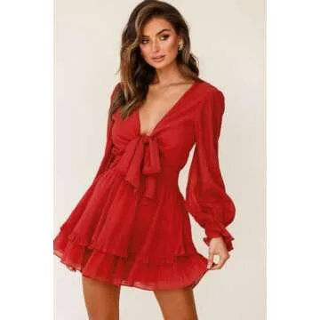 AlvaQ Womens Spring Fall Long Sleeve Dresses A Line Ruffle Mini Dress Deep V Neck Knot Front Swing Sundress Plus Size Red 2X