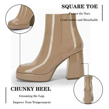 Rilista Womens Platform Boots Chunky High Heels Booties Square Toe Side Zipper Boots