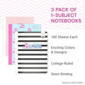 Yoobi x Barbie 1 Subject Composition Notebook Set, 7.5 x 9.75, Cute Notebooks with College Ruled Pap...