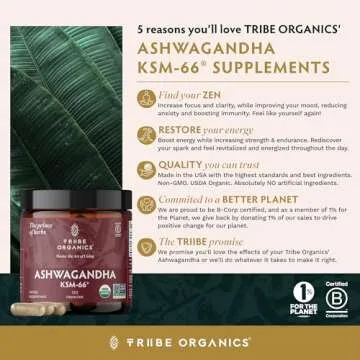TRIBE ORGANICS Ashwagandha KSM 66 Pure Organic Root Powder Extract Ayurvedic Supplement - Focus, Moo...