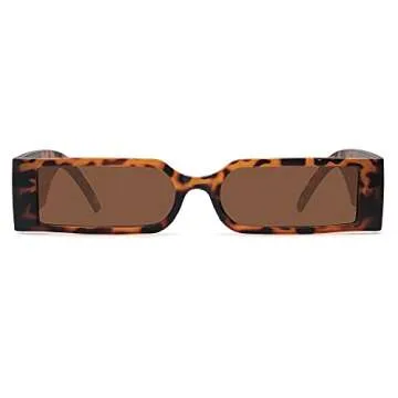 Retro 90s Rectangle Sunglasses for Women Men Trendy Small Nude Inspired Narrow Tiny Thin Skinny Slender Sun Glasses (Leopard Frame Brown Lens)