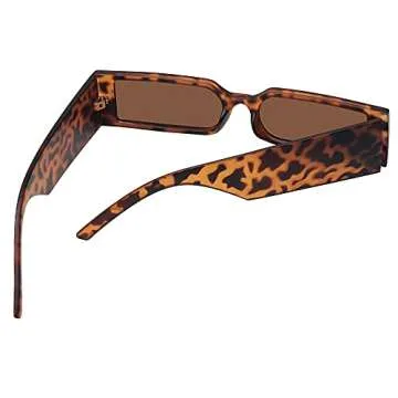 Retro 90s Rectangle Sunglasses for Women Men Trendy Small Nude Inspired Narrow Tiny Thin Skinny Slender Sun Glasses (Leopard Frame Brown Lens)