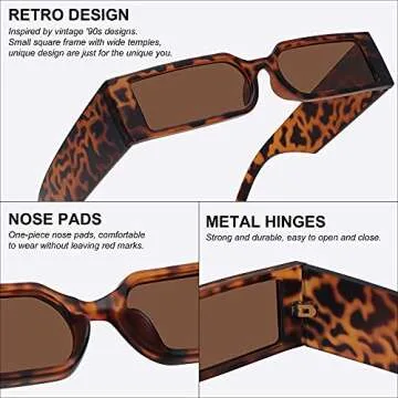 Retro 90s Rectangle Sunglasses for Women Men Trendy Small Nude Inspired Narrow Tiny Thin Skinny Slender Sun Glasses (Leopard Frame Brown Lens)